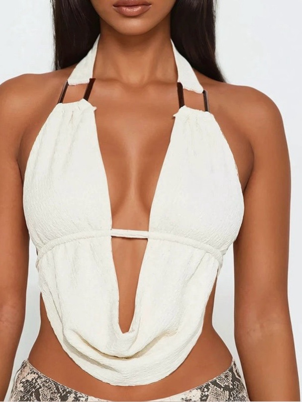 Fashion Nova Cream Draped Halter Plunge Bikini Top
